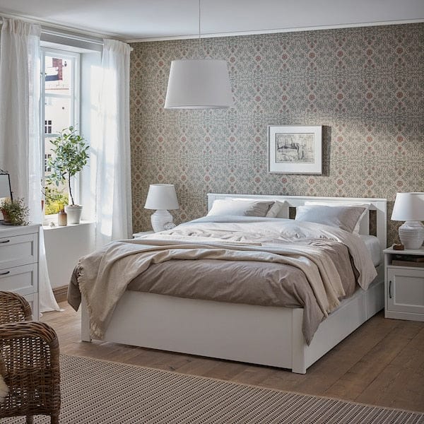 Ikea SONGESAND Bed frame with 4 drawers, white/Lindbåden, 140x200 cm