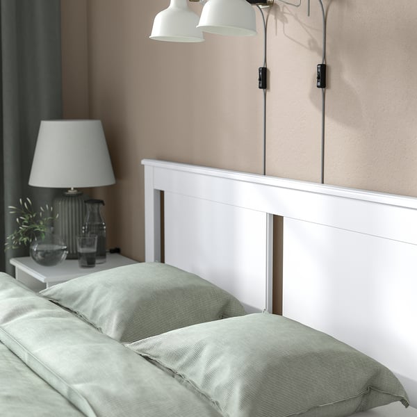 SONGESAND bed frame with 4 storage boxes, white/Lindbåden, 140x200 cm