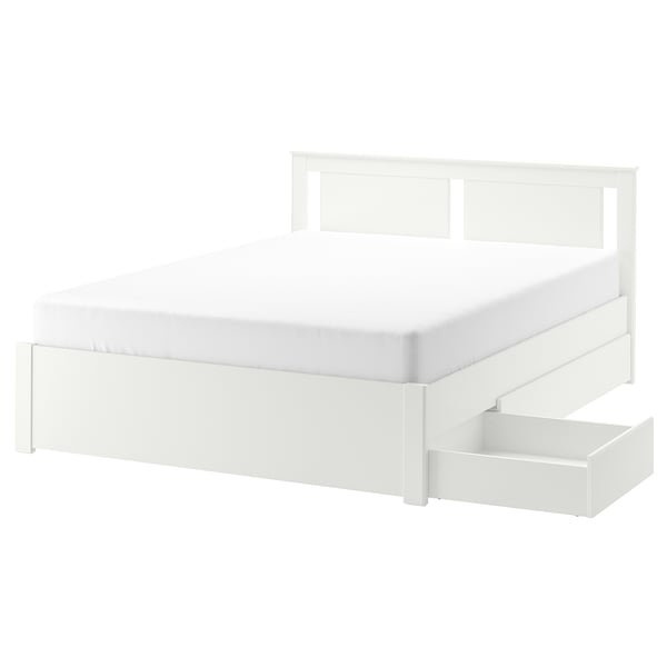SONGESAND bed frame with 4 storage boxes, white/Lindbåden, 140x200 cm