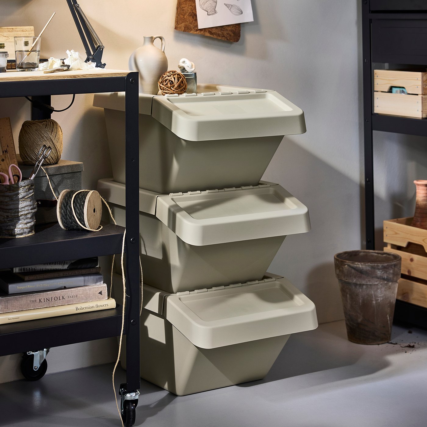 SORTERA sorting bin with lid, beige, 41x28x55 cm