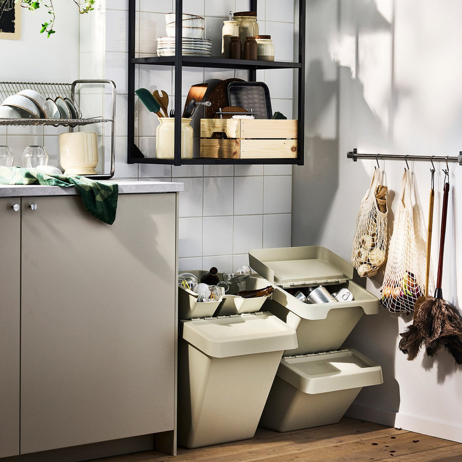 SORTERA sorting bin with lid, beige, 41x28x55 cm