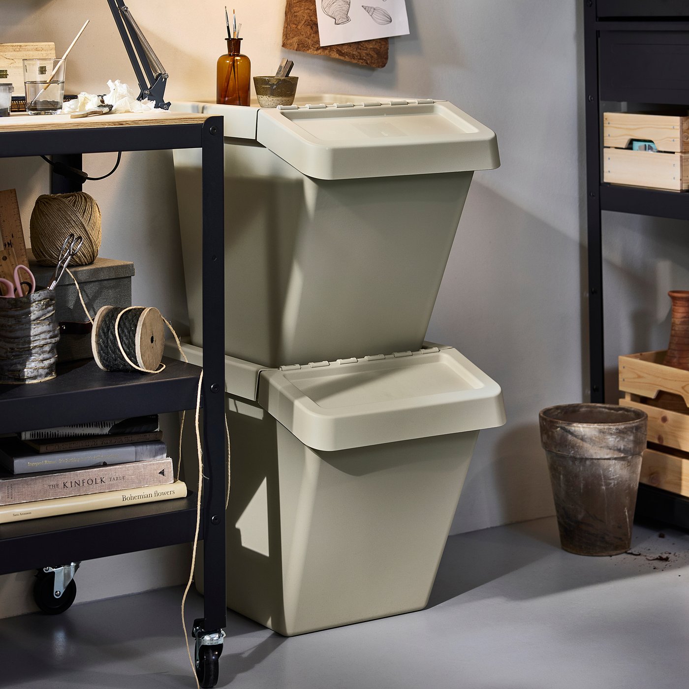 SORTERA sorting bin with lid, beige, 41x45x55 cm