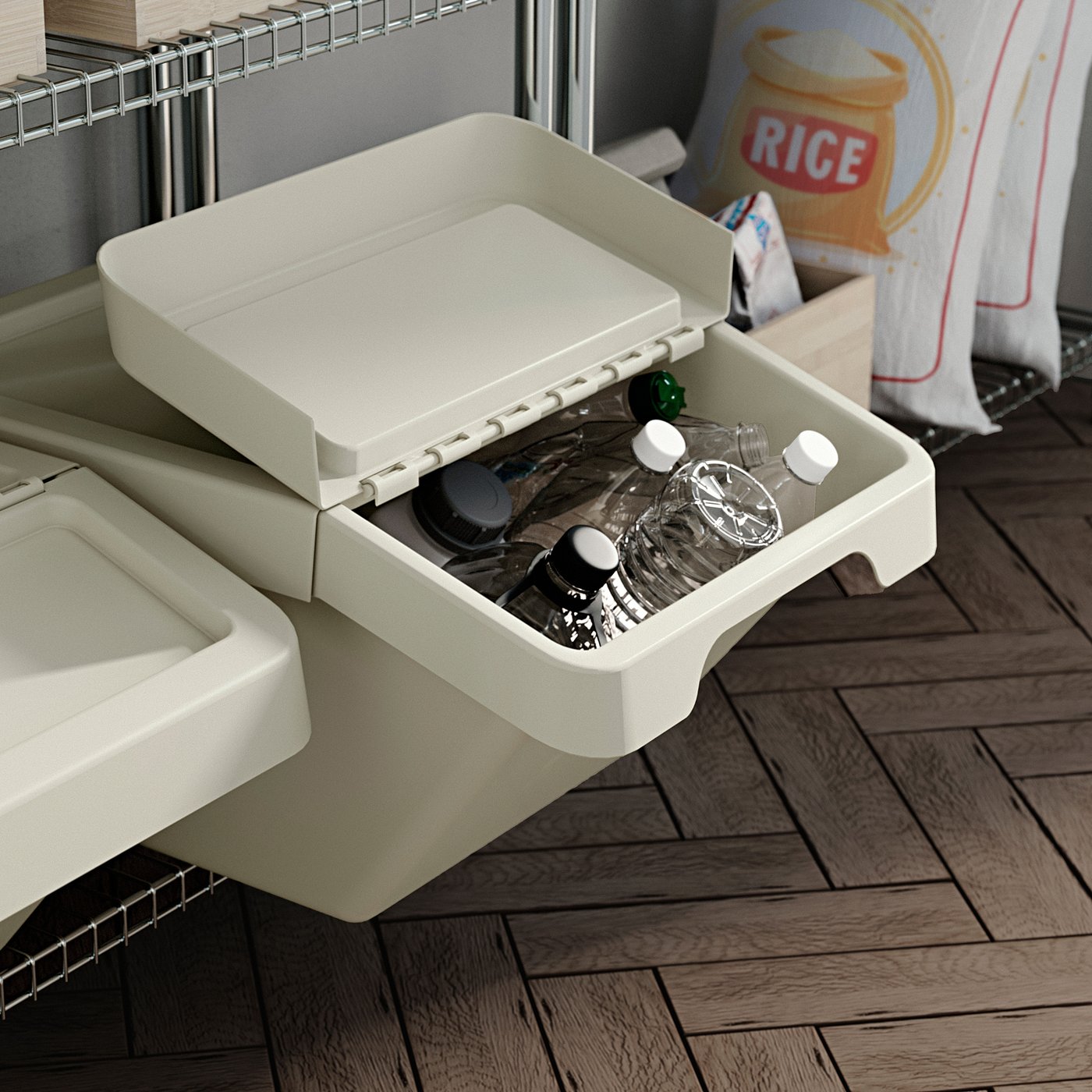 SORTERA sorting bin with lid, beige, 41x28x55 cm