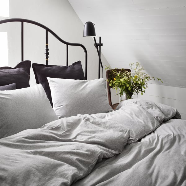 SPJUTVIAL duvet cover and 2 pillowcases, light grey/mélange, 240x220/50x80 cm