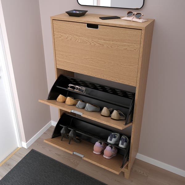 STÄLL shoe cabinet with 3 compartments, oak veneer, 79x29x148 cm