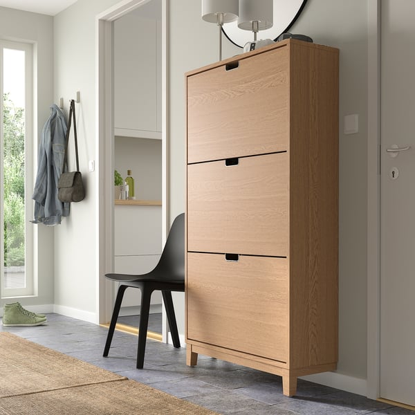 STÄLL shoe cabinet with 3 compartments, oak veneer, 79x29x148 cm