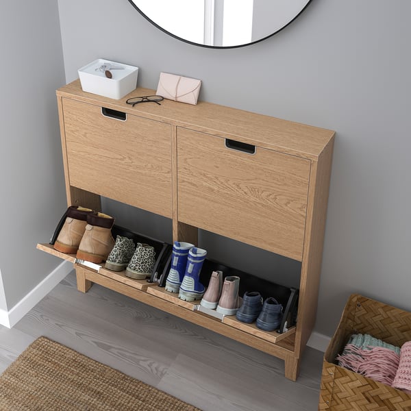 STÄLL shoe cabinet with 4 compartments, oak veneer, 96x17x90 cm