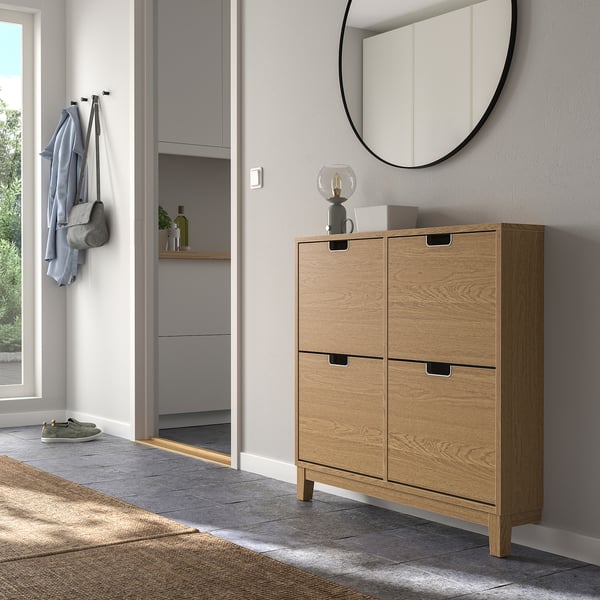 STÄLL shoe cabinet with 4 compartments, oak veneer, 96x17x90 cm