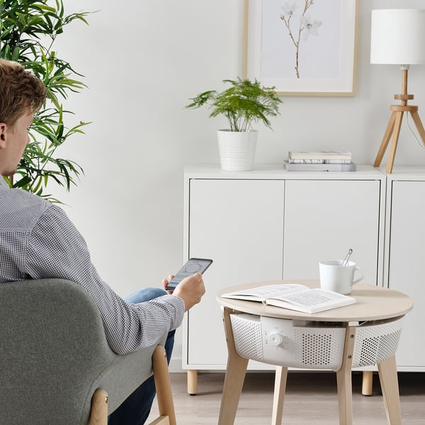 STARKVIND Table with air purifier - oak veneer/mordant/white ,