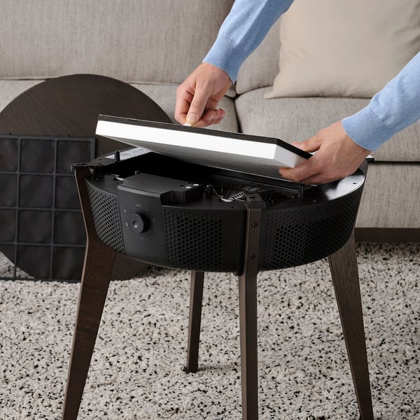 STARKVIND table with air purifier, stained oak veneer/dark brown smart, 54 cm