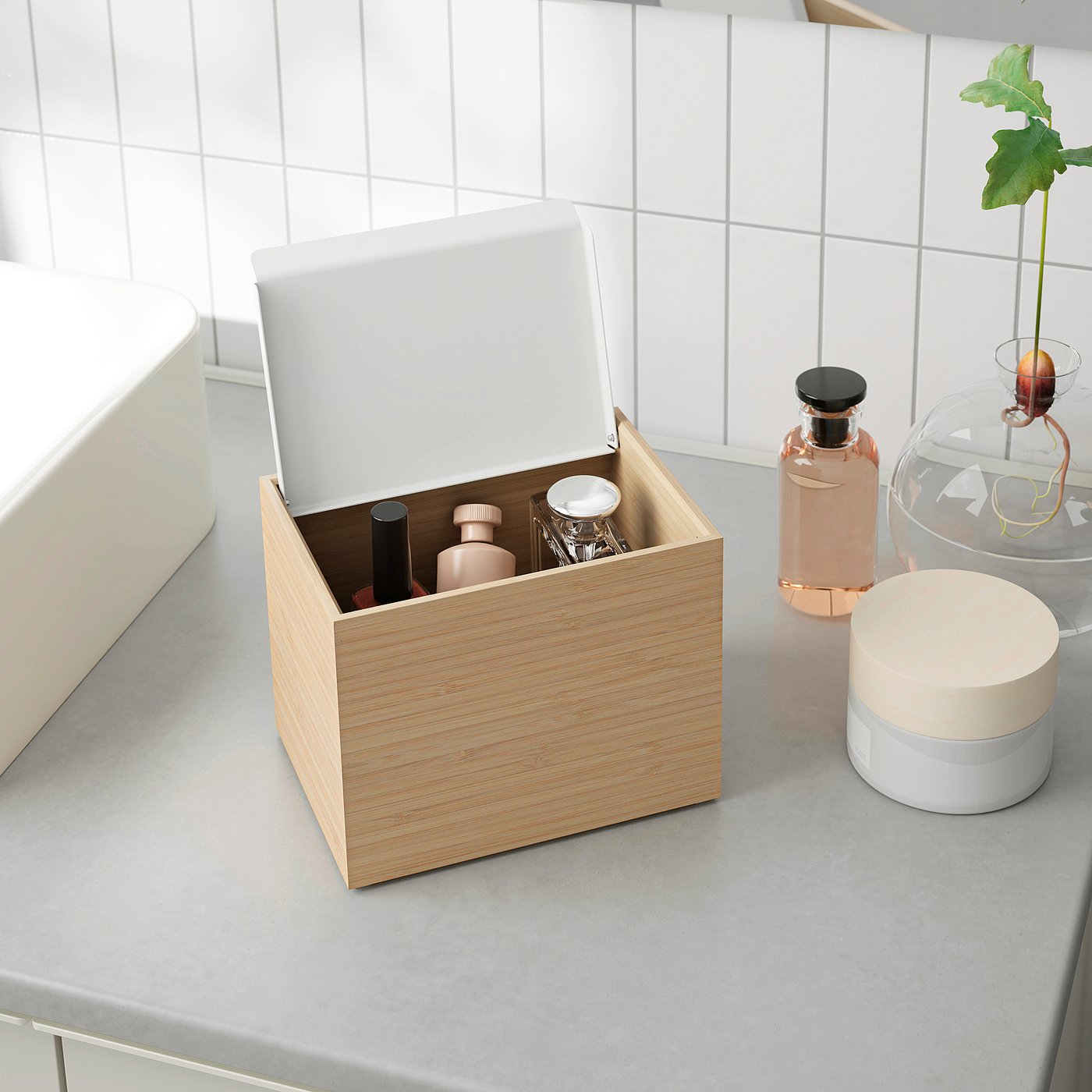 STEGESUND container with lid, white/light bamboo, 17x12x14 cm