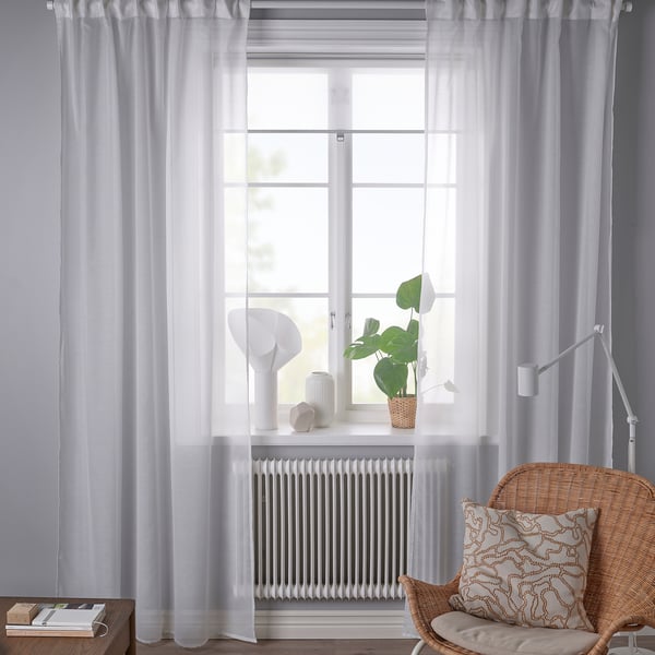 STENFRÖ sheer curtains, 1 pair, white/with heading tape, 145x300 cm