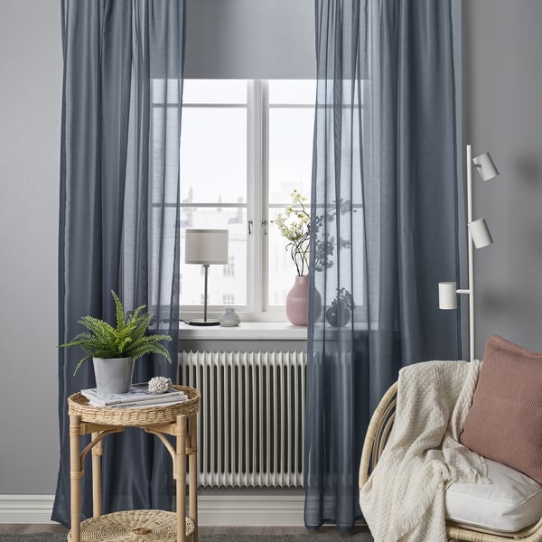 STENFRÖ sheer curtains, 1 pair, dark blue/with heading tape, 145x300 cm