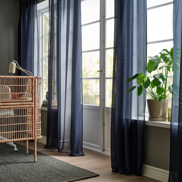 STENFRÖ sheer curtains, 1 pair, dark blue/with heading tape, 145x300 cm