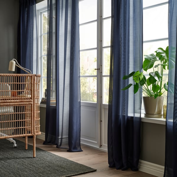 STENFRÖ sheer curtains, 1 pair, dark blue/with heading tape, 145x300 cm