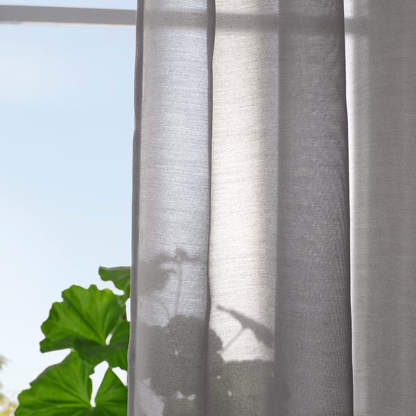 STENFRÖ thin curtain, 2 sheets, gray/with curtain ribbon, 145x300 cm