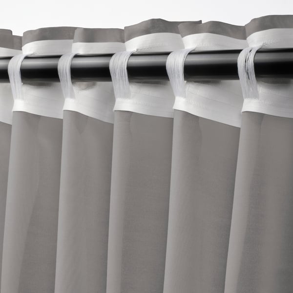 STENFRÖ thin curtain, 2 sheets, gray/with curtain ribbon, 145x300 cm