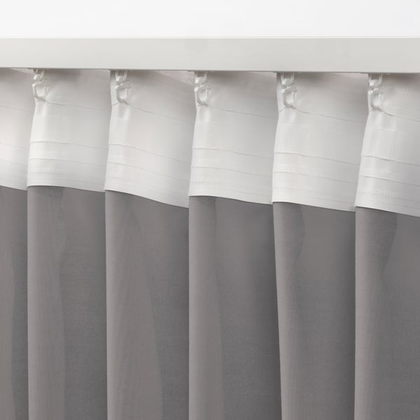 STENFRÖ thin curtain, 2 sheets, gray/with curtain ribbon, 145x300 cm