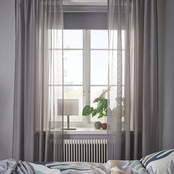 STENFRÖ thin curtain, 2 sheets, gray/with curtain ribbon, 145x300 cm