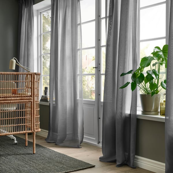 STENFRÖ thin curtain, 2 sheets, gray/with curtain ribbon, 145x300 cm