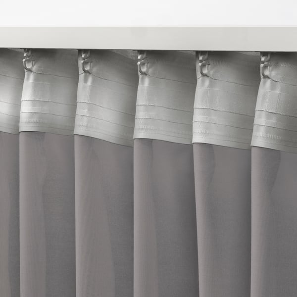 STENFRÖ thin curtain, 2 sheets, gray/with curtain ribbon, 145x300 cm