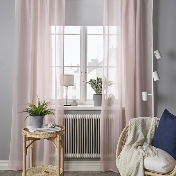 STENFRÖ sheer curtains, 1 pair, pink/with heading tape, 145x300 cm