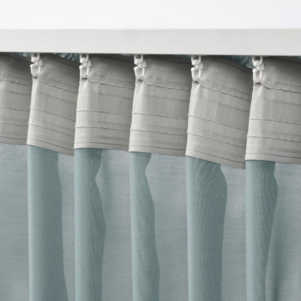 STENFRÖ sheer curtains, 1 pair, turquoise/with heading tape, 145x300 cm