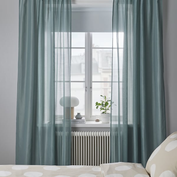 STENFRÖ sheer curtains, 1 pair, turquoise/with heading tape, 145x300 cm