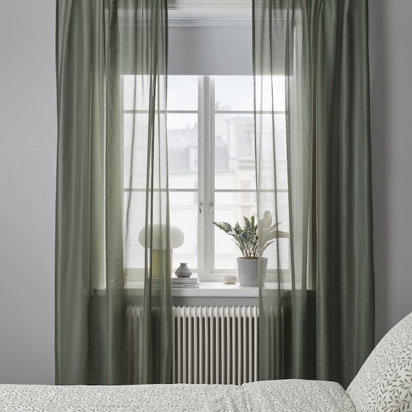 STENFRÖ sheer curtains, 1 pair, green/with heading tape, 145x300 cm