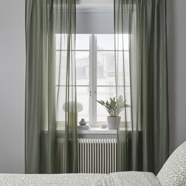 STENFRÖ sheer curtains, 1 pair, green/with heading tape, 145x300 cm