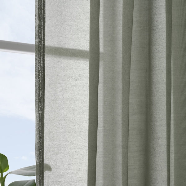 STENFRÖ sheer curtains, 1 pair, green/with heading tape, 145x300 cm