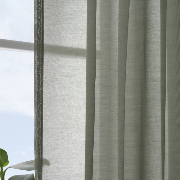 STENFRÖ sheer curtains, 1 pair, green/with heading tape, 145x300 cm