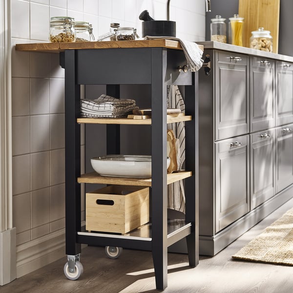 STENSTORP kitchen trolley, black-brown/oak, 45x43x90 cm
