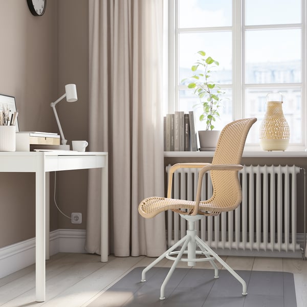 STIGBYGEL swivel chair with armrests, beige/white, 65x103x70 cm