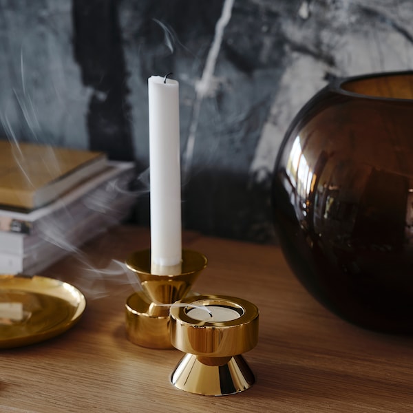 STOCKHOLM 2025 candlestick/tealight holder, brass-colour, 6 cm, 2 pack