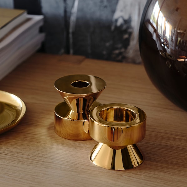 STOCKHOLM 2025 candlestick/tealight holder, brass-colour, 6 cm, 2 pack