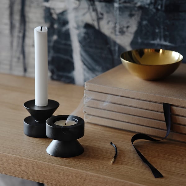 STOCKHOLM 2025 candlestick/tealight holder, black, 6 cm, 2 pack