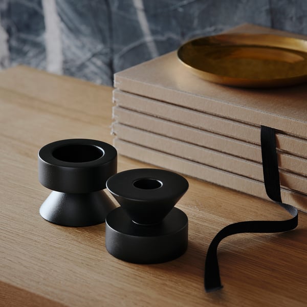 STOCKHOLM 2025 candlestick/tealight holder, black, 6 cm, 2 pack