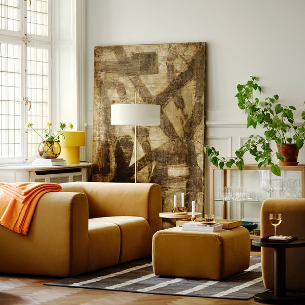 STOCKHOLM 2025 floor lamp, white textile/brass-plated, 159 cm