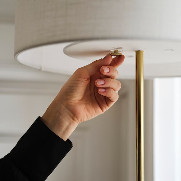 STOCKHOLM 2025 floor lamp, white textile/brass-plated, 159 cm