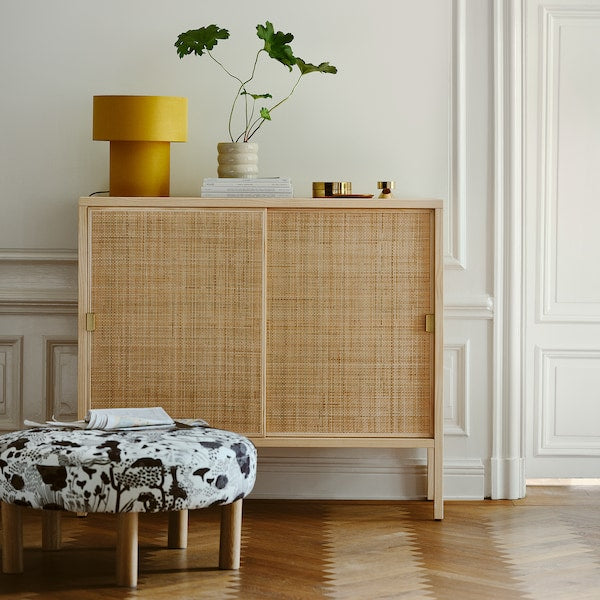 STOCKHOLM 2025 cabinet with sliding doors, rattan/pine, 125x47x110 cm