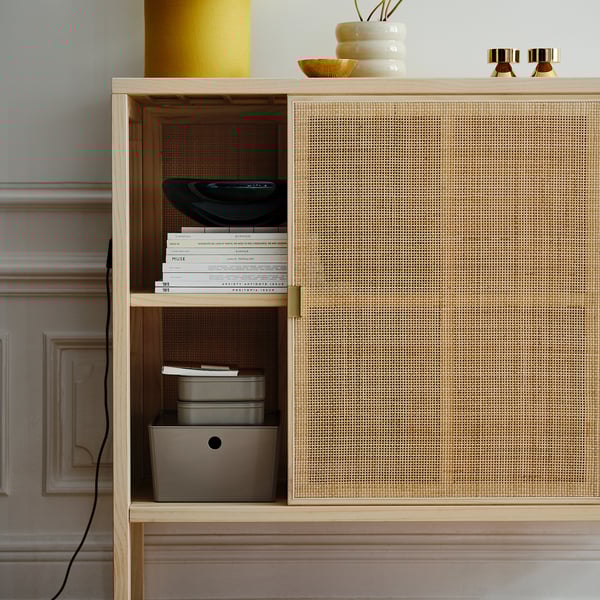 STOCKHOLM 2025 cabinet with sliding doors, rattan/pine, 125x47x110 cm