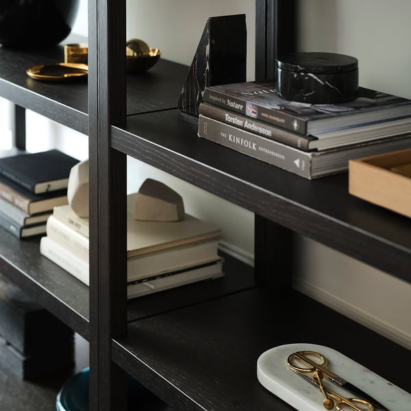 STOCKHOLM 2025 shelving unit, oak veneer/dark brown, 120x40x188 cm