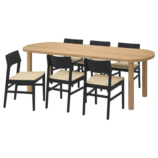 STOCKHOLM 2025 / SKANSNÄS table and 6 chairs, oak veneer/black beech, 230x90 cm