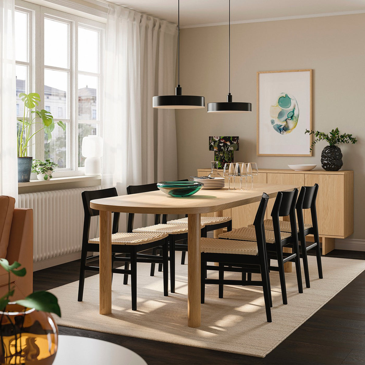 STOCKHOLM 2025 / SKANSNÄS table and 6 chairs, oak veneer/black beech, 230x90 cm