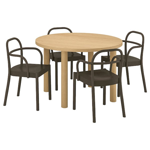 STOCKHOLM 2025 / STOCKHOLM 2025 - Table and 4 chairs with armrests, oak veneer/dark brown, 115 cm