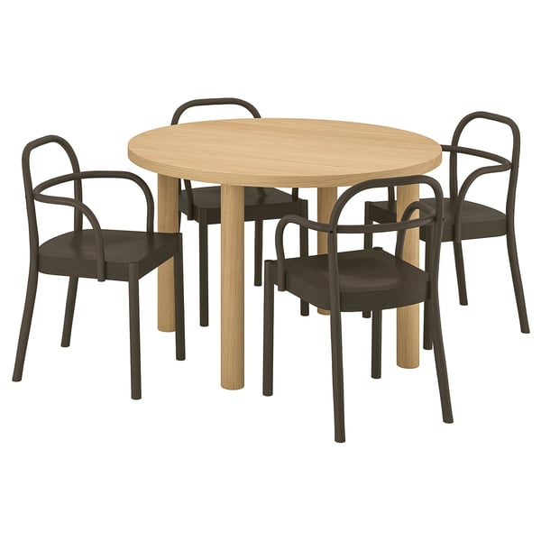STOCKHOLM 2025 / STOCKHOLM 2025 table and 4 chairs with armrests, oak veneer/dark brown, 115 cm