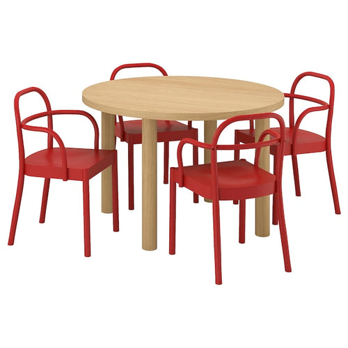 STOCKHOLM 2025 / STOCKHOLM 2025 - Table and 4 chairs with armrests, oak veneer/red,115 cm