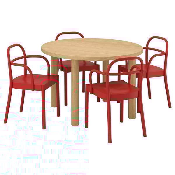 STOCKHOLM 2025 / STOCKHOLM 2025 - Table and 4 chairs with armrests, oak veneer/red, 115 cm