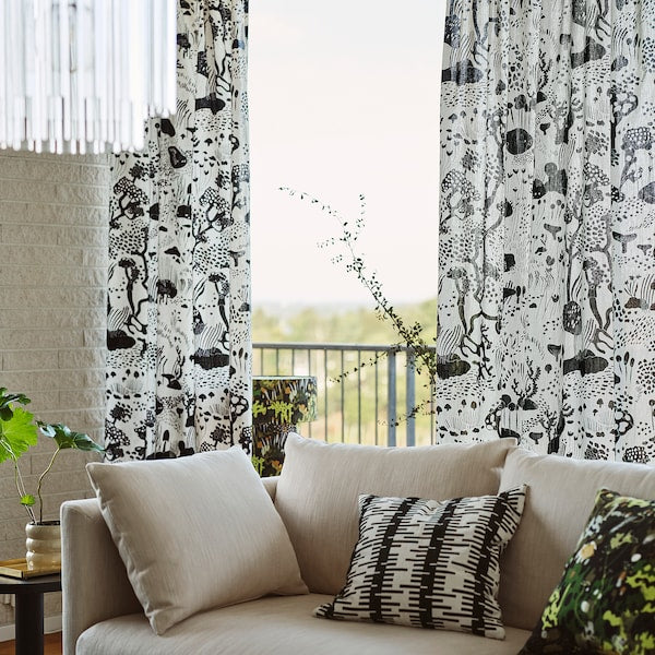 STOCKHOLM 2025 curtains, 1 pair, white/black/with heading tape, 145x300 cm